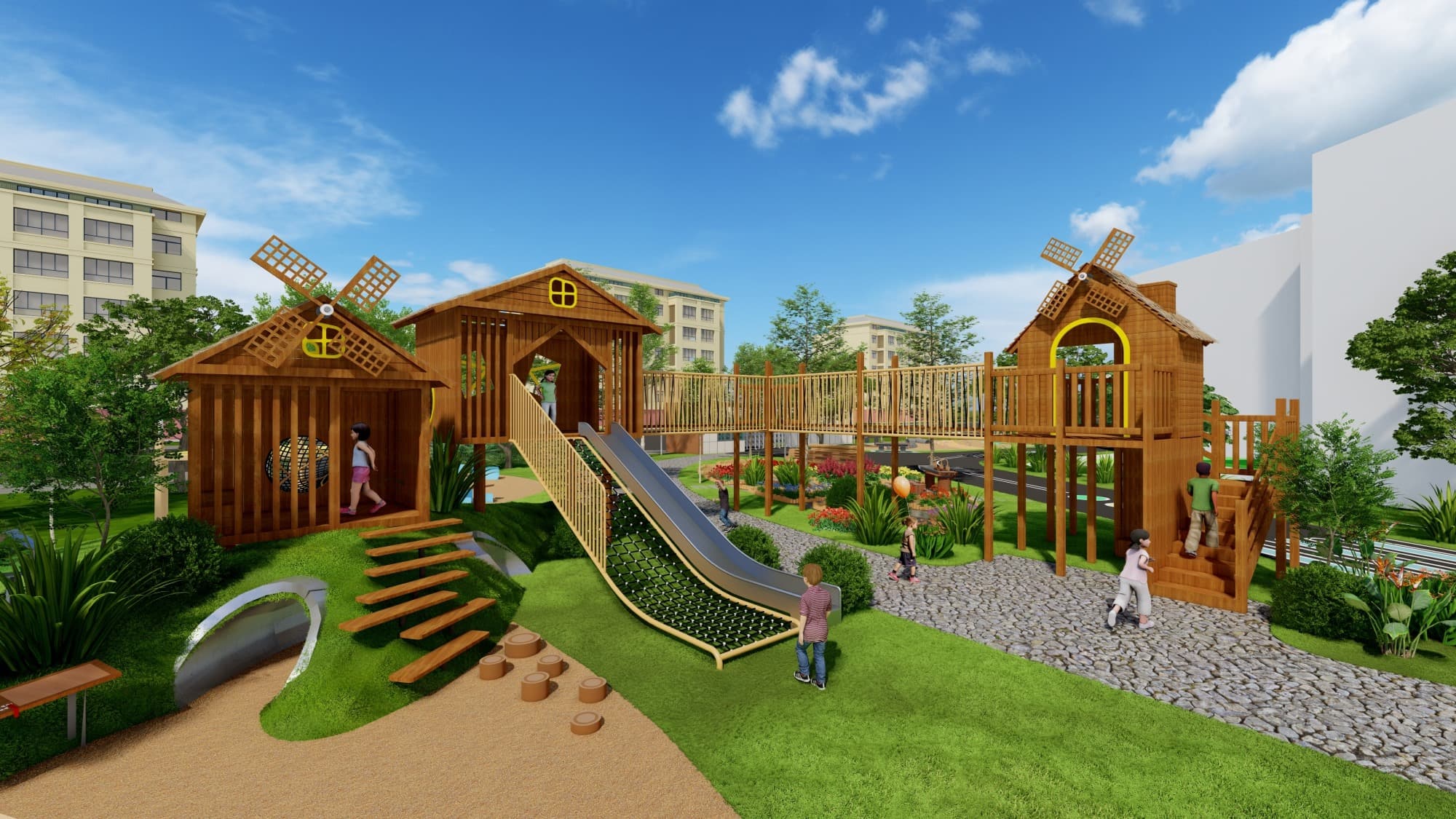 木质田园风车主题儿童游乐园景观设计HD-MLY008